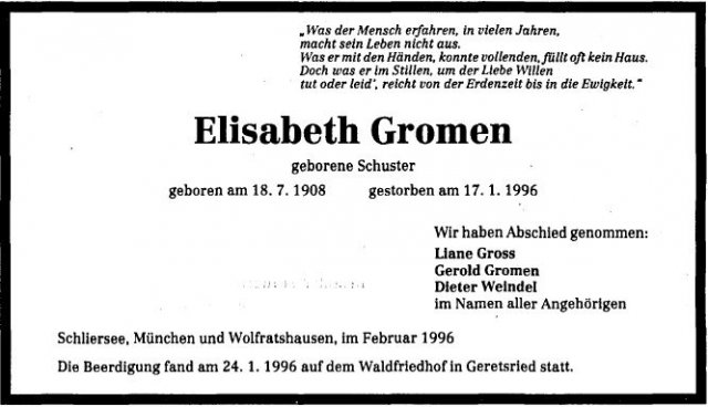 Schuster Elisabeth 1908-1996 Todesanzeige